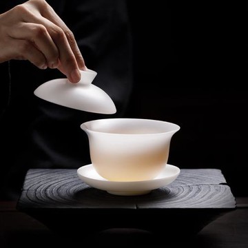 慢捻高端冰種羊脂玉白瓷三才蓋碗茶杯茶碗功夫茶具單個高檔不燙手