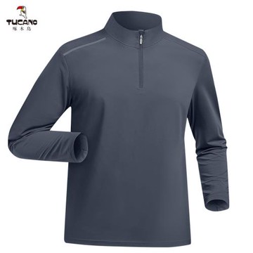 啄木鳥男士薄款速干彈力半拉鏈立領長袖戶外防曬徒步登山透氣上衣