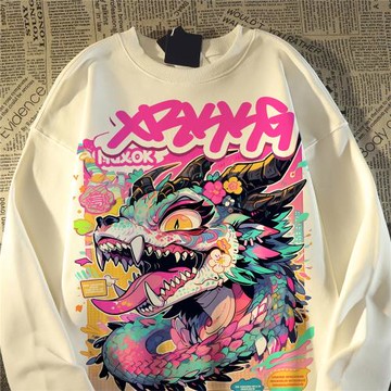 國潮美式嘻哈元素龍印花衛衣女男春秋寬松街頭風hiphop潮牌外套薄