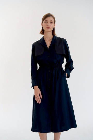 風衣罩衫收腰洋裝/深藍