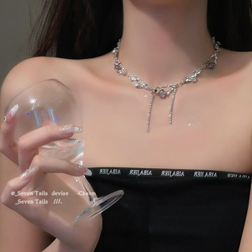 鈦鋼不掉色鎖骨鏈 冰晶漸變珍珠蝴蝶流蘇項鍊 高級感鎖骨鏈 女 甜酷辣妹頸鍊 高顏值小衆百搭吊墜 ins風 氣質感項鍊