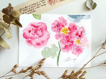 紫薇與玫瑰 桃紅色水彩花草插畫 禮物卡片 (原畫)