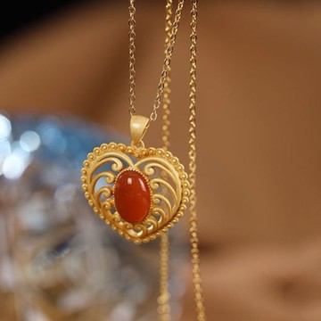 【墜享】天然南紅瑪瑙S925純銀鏤空花紋吊墜愛心女款鎖骨鏈銀飾品