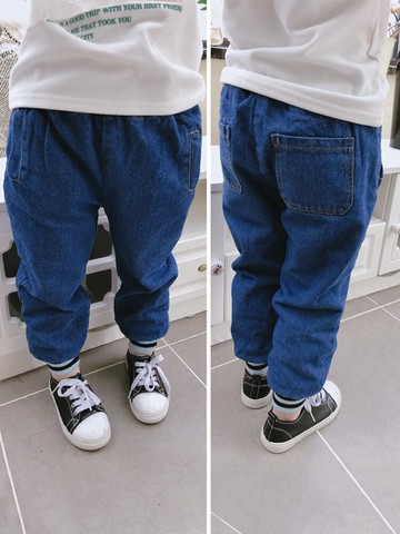 冬季新款 兒童加厚保暖撞色束口牛仔褲 男女童寬松純色休閑褲1入