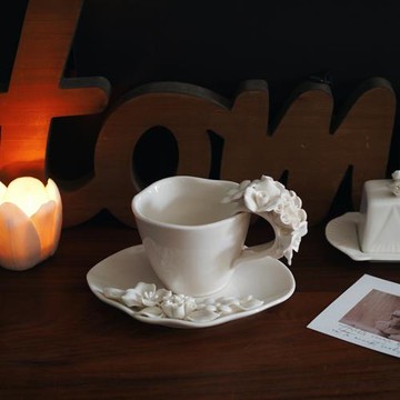 花園下午茶 手捏花卉陶瓷咖啡杯碟套 不規則花茶杯點心碟