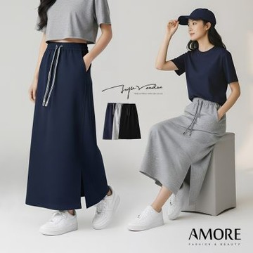 【Amore】日系休閒棉質鬆緊腰長裙 A字開叉半身裙 A字長裙