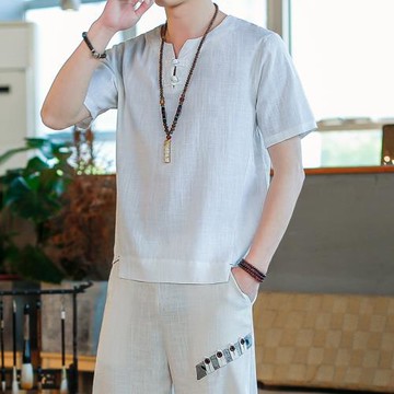 中國風亞麻t恤男純色冰絲短袖夏季薄款透氣棉麻上衣唐裝半袖體恤