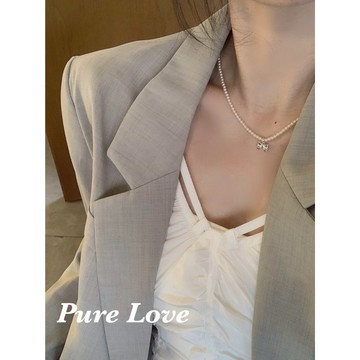 Pure Love樂芙 / 正韓 銀飾【S925純銀】N01022簡約通體純銀項鍊珍珠蝴蝶結鎖骨鏈 短項鏈 / 銀