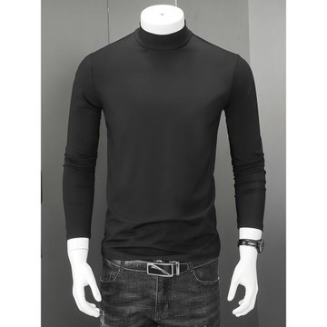 梵度棉質半高領男士長袖t恤潮流純色秋裝內搭體恤中領打底衫男裝