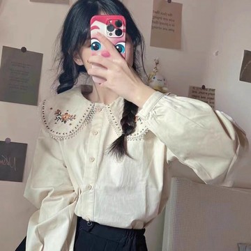 【T-2】🖤 2024春季新款娃娃領襯衫長袖女設計感小眾寬鬆襯衣別緻甜美上衣潮