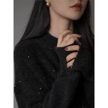 星空亮閃閃浣熊絨毛衣女秋冬黑色高級感亮片羊毛羊絨衫打底衫上衣
