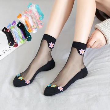棉底水晶絲襪子女薄款純色中筒冰絲襪春秋季花朵透明玻璃絲泫雅風