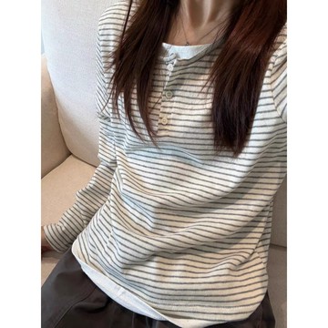純棉T恤 韓系復古正肩亨利領學院風條紋T恤女秋季假兩件上衣打底衫 韓版上衣 大尺碼上衣 長袖t恤 大尺碼女裝 長袖上衣