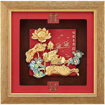 純金祥和金箔畫系列~【怡然自樂 鴛鴦戲水】....24 x24 cm