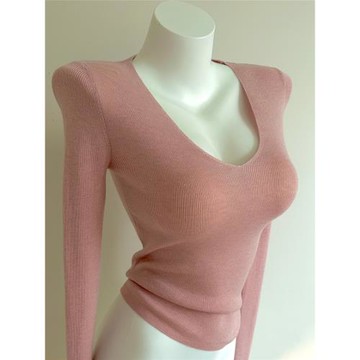 Bi入剛需款！含羊毛V領針織打底衫 女 修身顯瘦純色秋冬長袖上衣