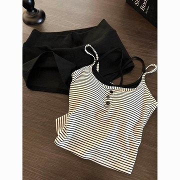 DUYI~夢詩 睡衣女辣妹假兩件條紋帶胸墊吊帶夏季純色顯瘦背心短褲家居服套裝