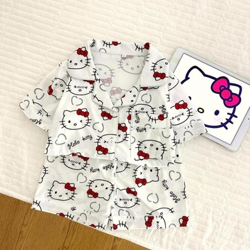 【臺灣-出貨】三麗鷗趣味新款可愛女童兒童睡衣夏季KT貓薄款短袖短褲家居套裝DWF55