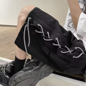 臺灣出貨🎊編制繩牛仔短褲男夏季高街復古五分褲子設計感小衆寬鬆潮牌大褲衩大減價🎁
