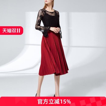 黛薇璐媤紅色麂皮半身裙女中長款春裝新款法式氣質時尚百褶裙