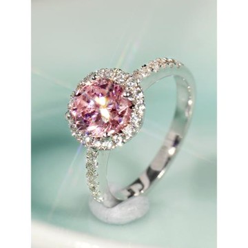 彩色寶石粉鉆戒指女 莫桑圓形微鑲純銀鍍鉑金結婚戒1克拉仿真鉆戒