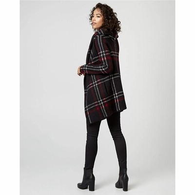 LE CH?TEAU Check Print Knit Hooded Sweater Coat,S,Black/Red