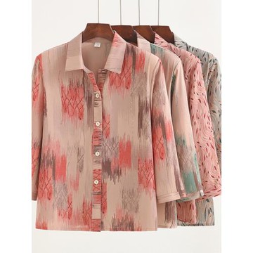 老年人夏裝女襯衫翻領奶奶套裝老太太老人衣服中老年媽媽開衫襯衣