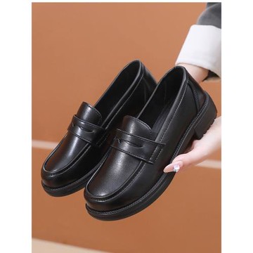 餐飲工作鞋女黑色平底防滑軟底舒適女鞋餐廳服務員黑皮鞋媽媽鞋