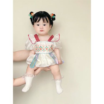 2025夏季款嬰兒敦煌系列短袖連體哈衣新生女寶寶滿月百天國風爬服