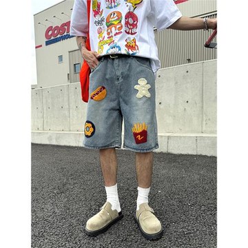 高街毛巾繡個性設計牛仔短褲男夏季ins潮牌寬松直筒闊腿五分中褲