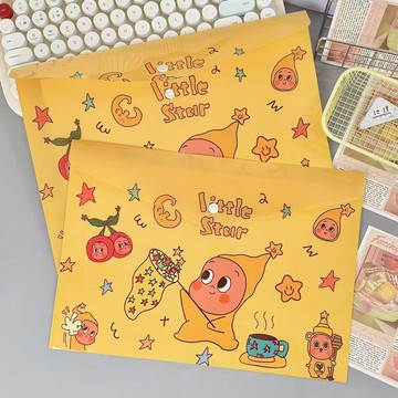 【A4防水收納袋】卡通可愛黃色星星人 文具組 學生試卷 大容量 辦公文件袋 按扣 A4 資料袋 資料夾 收納袋 文件袋