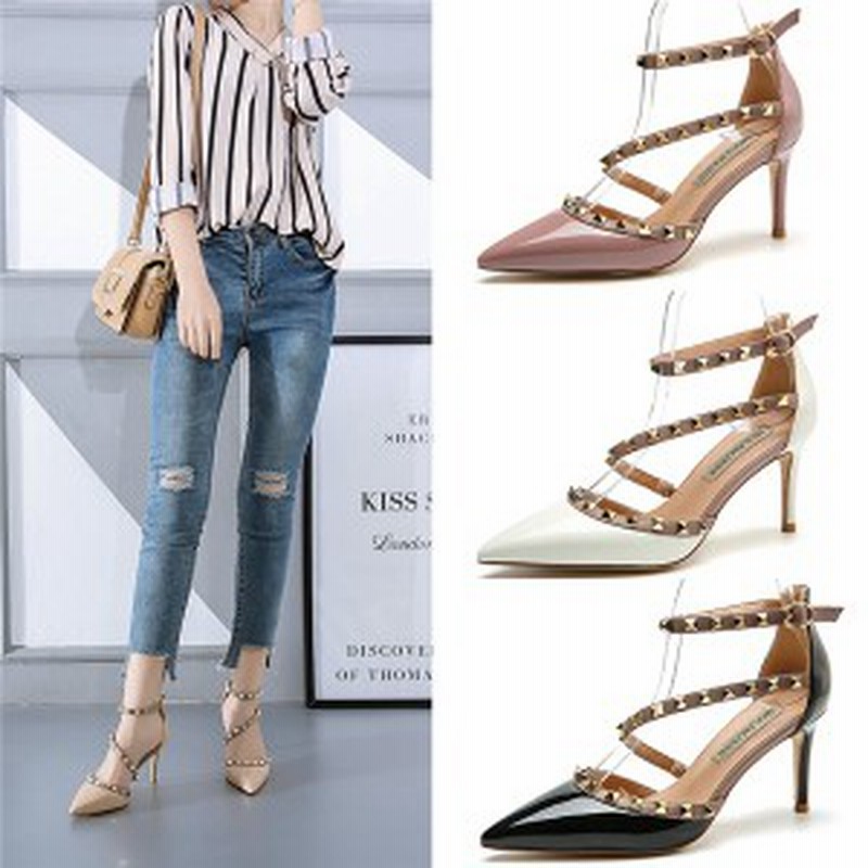 サンダルパンプス ハイヒール アンクルストラップ結婚式靴 キャバパンプス スタッズpumpsポインテッドトゥ パーティー レディース 22年のクリスマスの特別な衣装 レディース