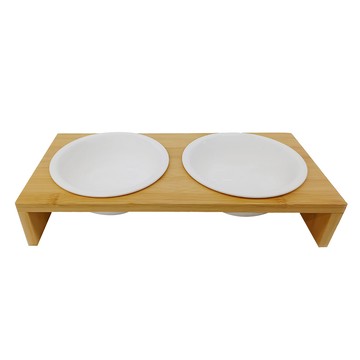 Catfeet 竹製ㄇ形雙碗 小陶瓷碗 寵物餐碗  白色  1個