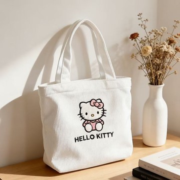 kitty手提包 美拉德風燈芯絨kitty包包 可愛包包 kitty托特包 小方包 燈芯絨手提包 單肩包 側背包 便當包