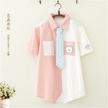 日系軟妹夏裝可愛小熊短袖襯衫初高中學生少女jk領帶襯衣百搭上衣