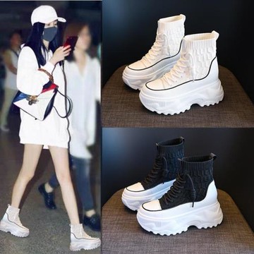 女鞋網面透氣內增高8cm高幫鞋2025夏季新款小白鞋厚底老爹襪子靴
