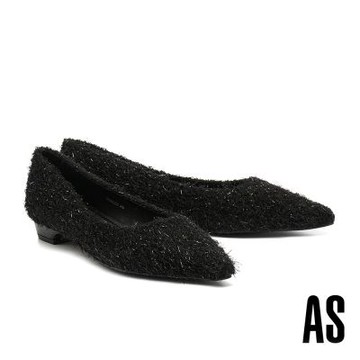 低跟鞋 AS 復古浮誇純色細閃絨毛布尖頭低跟鞋－黑