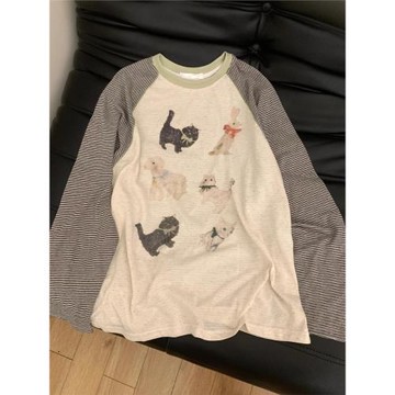 好韓系慵懶顯瘦！松弛條紋插肩長袖t恤春季2026貓咪印花寬松上衣