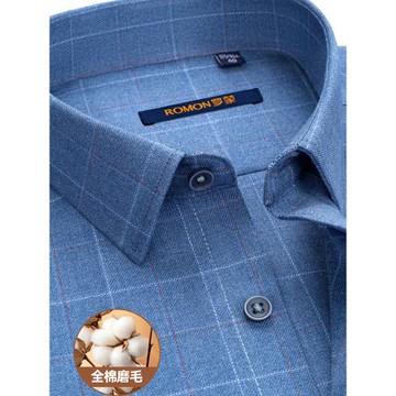 羅蒙法蘭絨純棉襯衫男士商務磨毛中年長袖襯衣全棉爸爸裝春秋格子