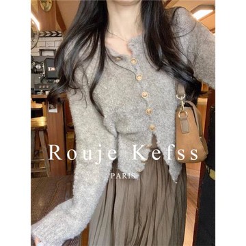 Rouje Kefss高級感浣熊絨針織開衫女寬松軟糯毛衣外套疊穿外搭上