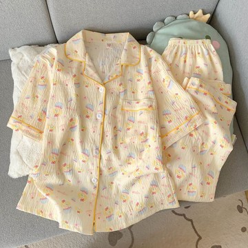 韓版💖雲朵棉睡衣夏天女黃油餅餅三件套超萌短袖短褲長褲家居服甜美可愛大尺碼寬鬆休閑家居服 舒適兩件套涼感睡衣 NVPX
