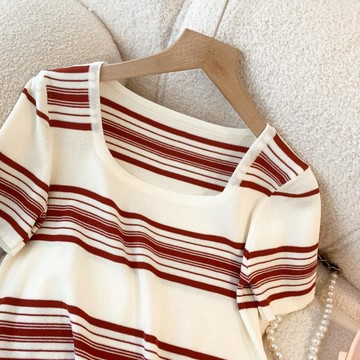 夏季方領 條紋正肩t恤 短袖女 夏季短款 冰絲針織衫 百搭
