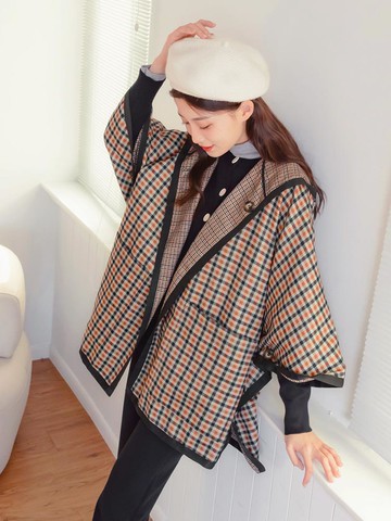 2WAY格紋口袋連帽小斗篷/外套