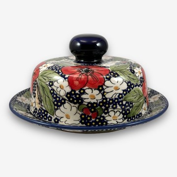 波蘭手繪手工陶-有蓋圓形蛋糕盤 21cm 靜謐艷紅系列 設計師款