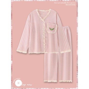 浪漫春天純棉睡衣女春秋款長袖可外穿甜美風華夫格家居服套裝秋季