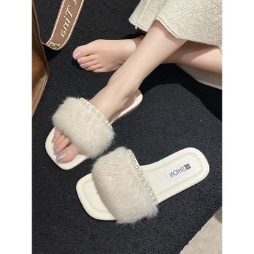 珍珠毛毛拖鞋女夏外穿2025新款時尚百搭仙女風平底一字拖法式涼拖