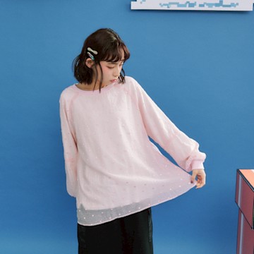 【Dailo】繡花圓點紗假兩件式長袖上衣 粉 米