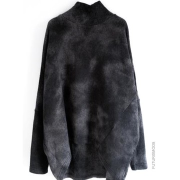 F9秋冬水暈灰黑做舊暈扎染水墨花半高領寬松中長羊毛衣針織衫中性