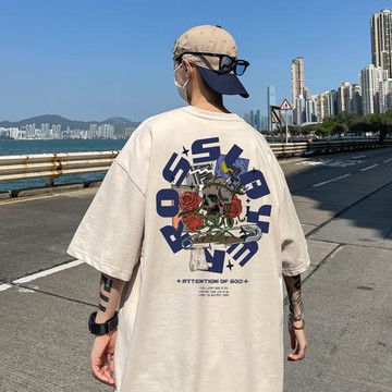 歐美潮牌t恤夏季寬松大碼短袖男款美式高街青少年圓領落肩五分袖