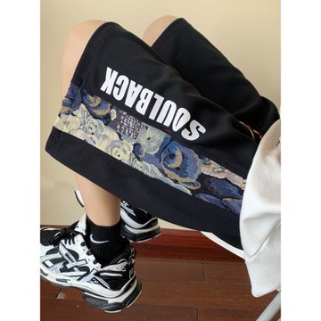 短褲男士夏季寬松五分褲美式拼接刺繡褲子潮流百搭休閑運動褲中褲