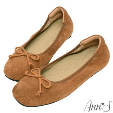 Ann’S寬腳版友善 牛麂皮真皮蝴蝶結娃娃鞋1.5cm-棕